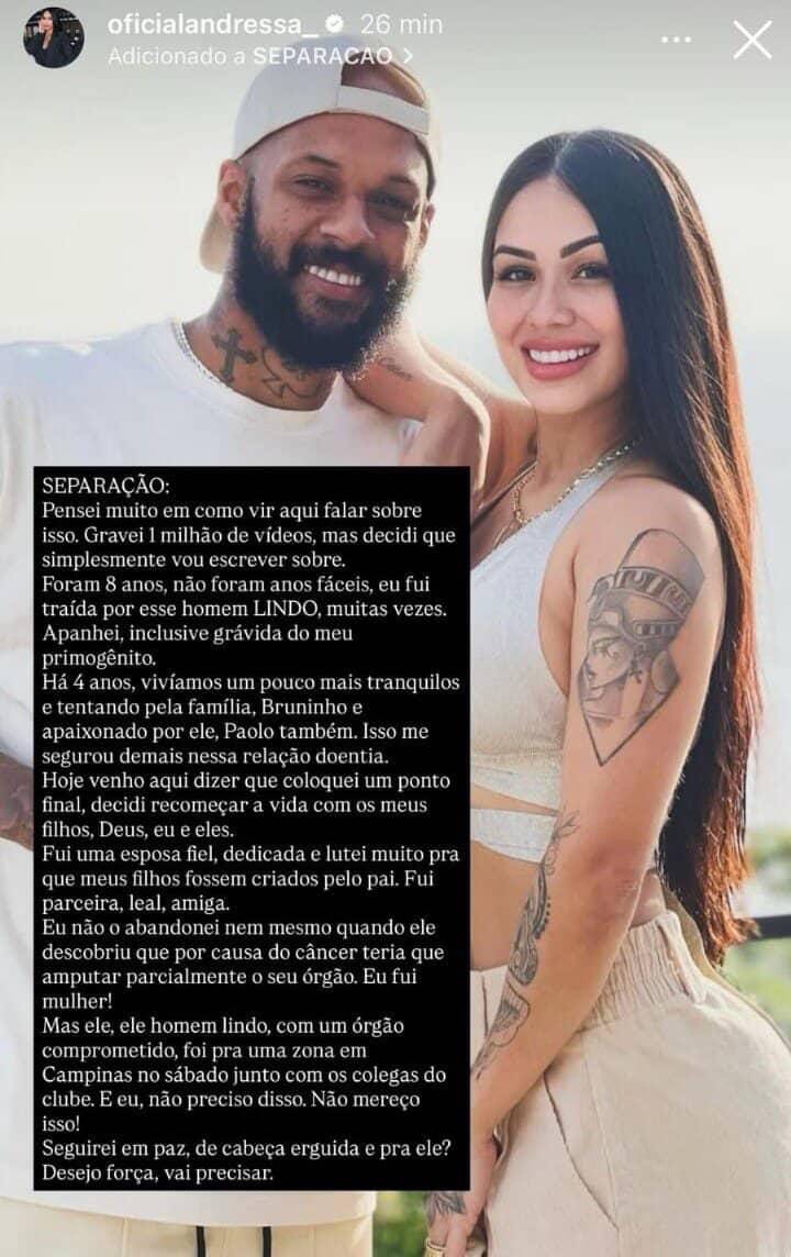 Esposa do jogador do Rio Branco – ES Bruno Silva anuncia fim do casamento.