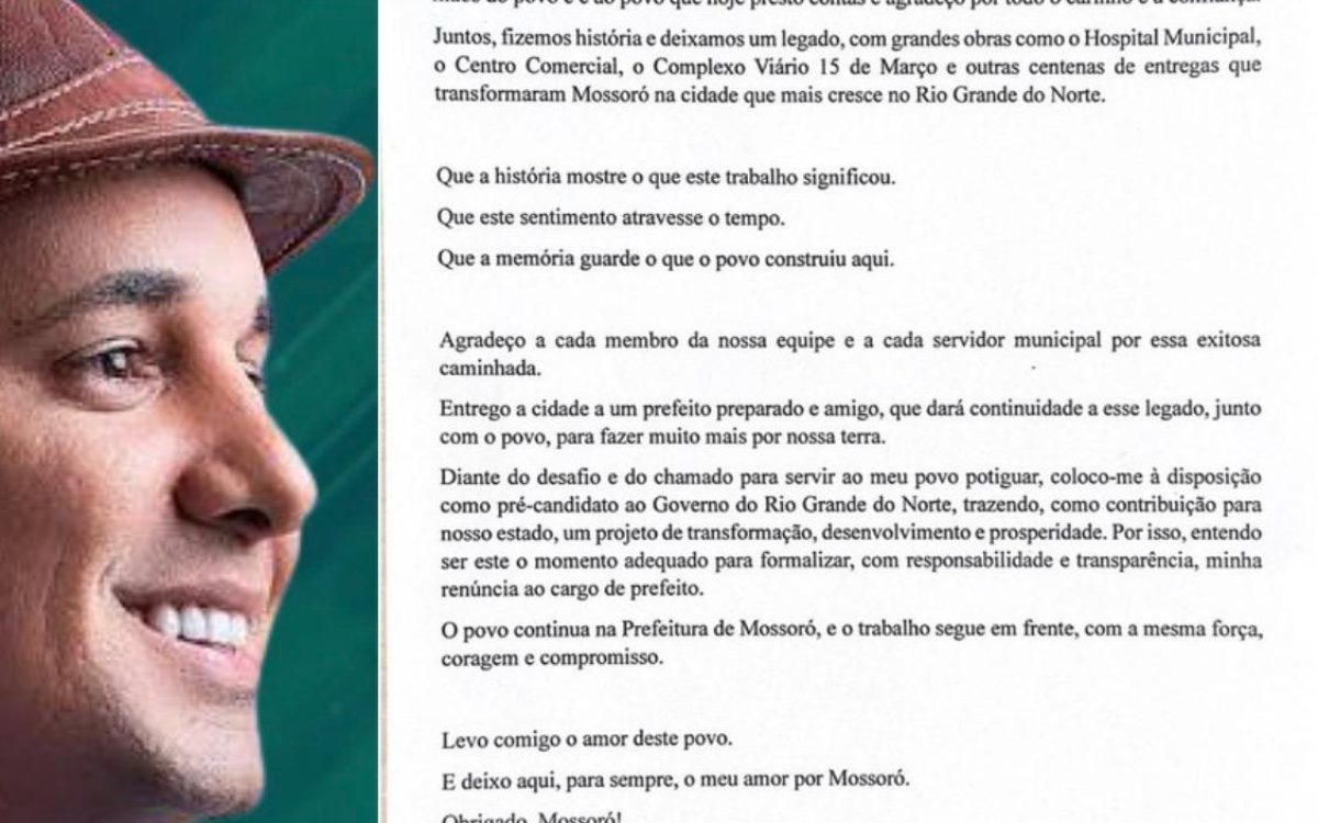 URGENTE: Prefeito de Mossoró renuncia ao cargo