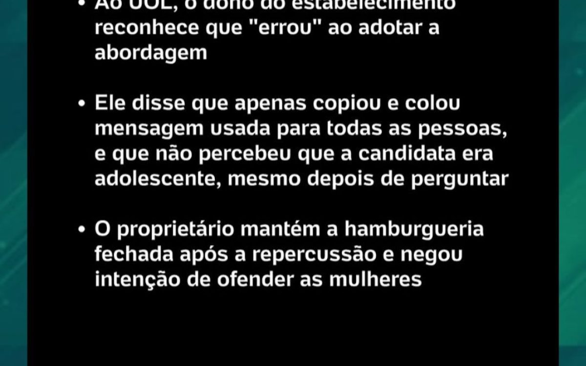 Hamburgueria oferece trabalho a adolescente com bônus se usar roupa curta e decote / capa