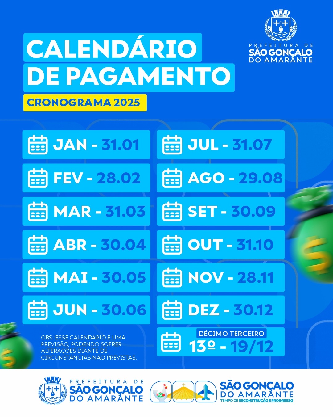 Prefeitura de São Gonçalo divulga calendário anual de pagamento