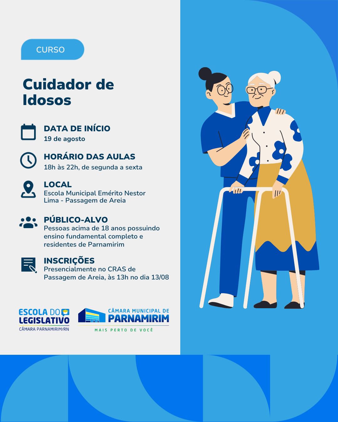 Escola do Legislativo de Parnamirim abre inscrições para curso gratuito de Cuidador de Idosos