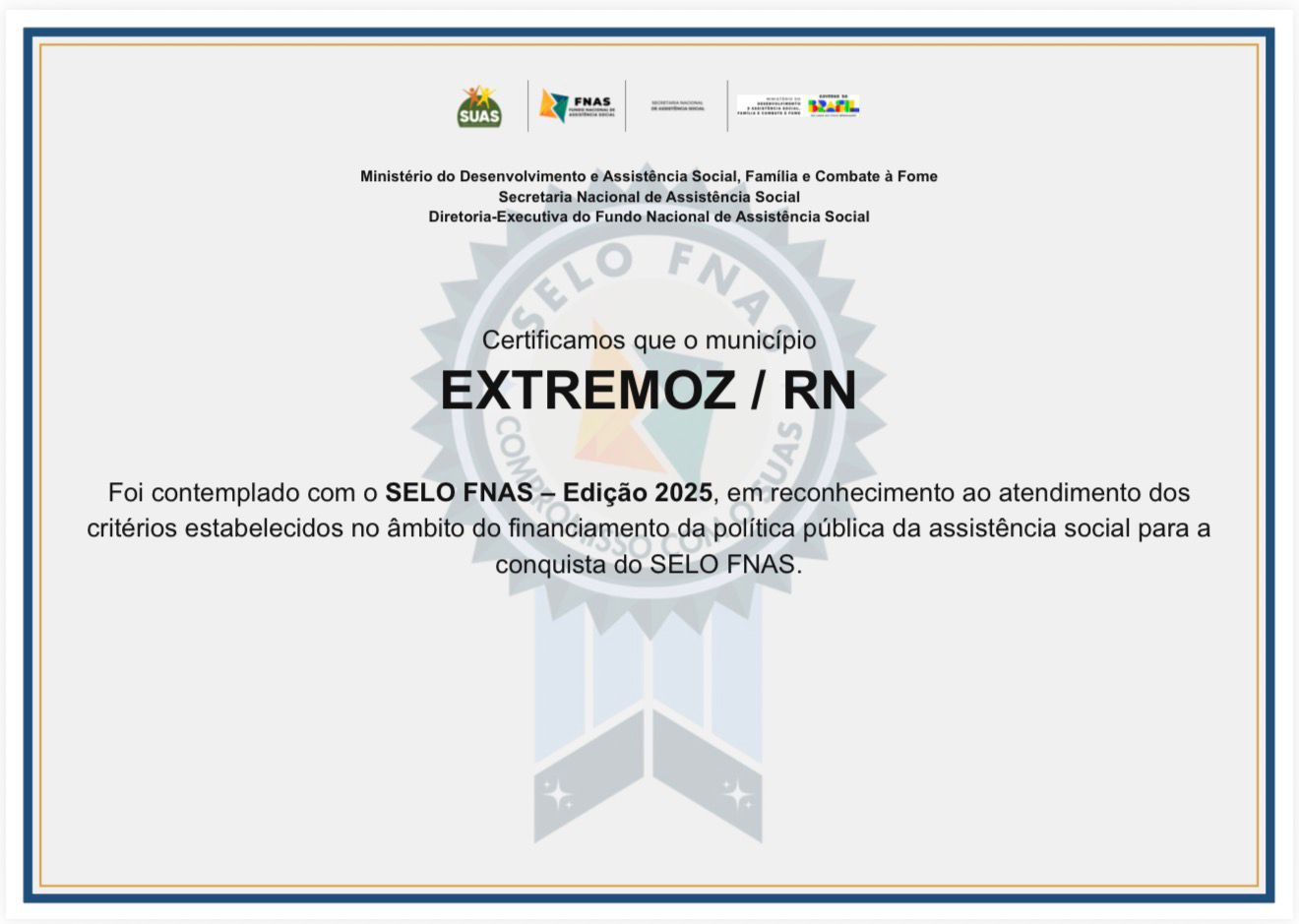 Extremoz conquista Selo FNAS 2025 e tem gestão da assistência social reconhecida