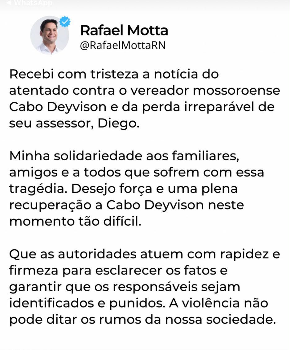 Rafael Motta lamenta atentado contra Cabo Deyvison e cobra punição aos responsáveis