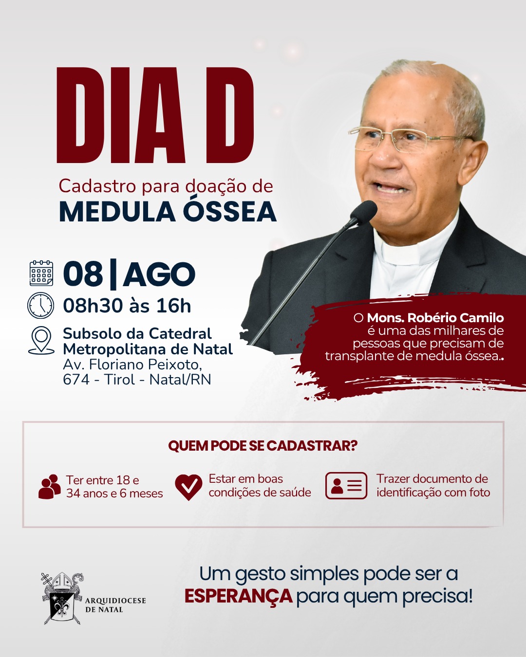 Arquidiocese de Natal, em parceria com o Hemonorte, vai realizar um Dia D para cadastro de possíveis doadores de medula óssea
